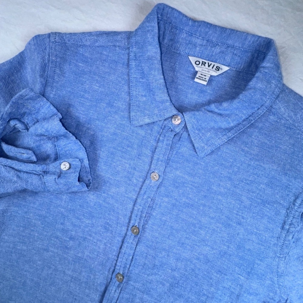 Orvis Button Down Shirt Womens Medium Blue Linen Rayon Long Sleeve Classic